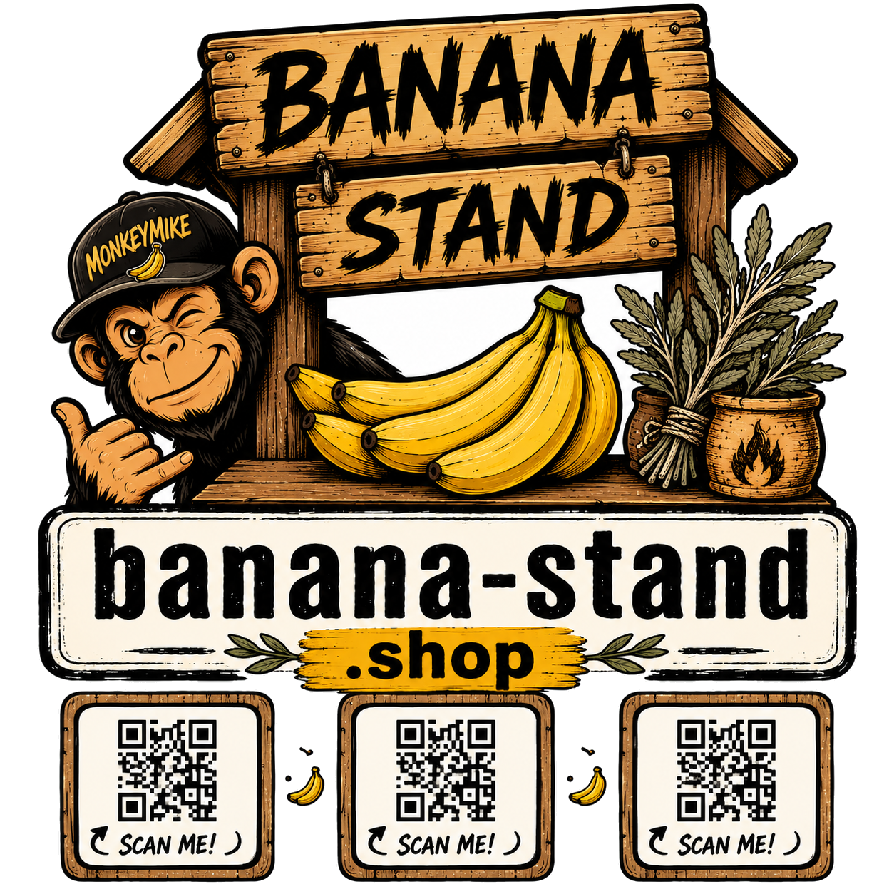 Banana Stand logo: MonkeyMike winking behind the banana-stand.shop market stand