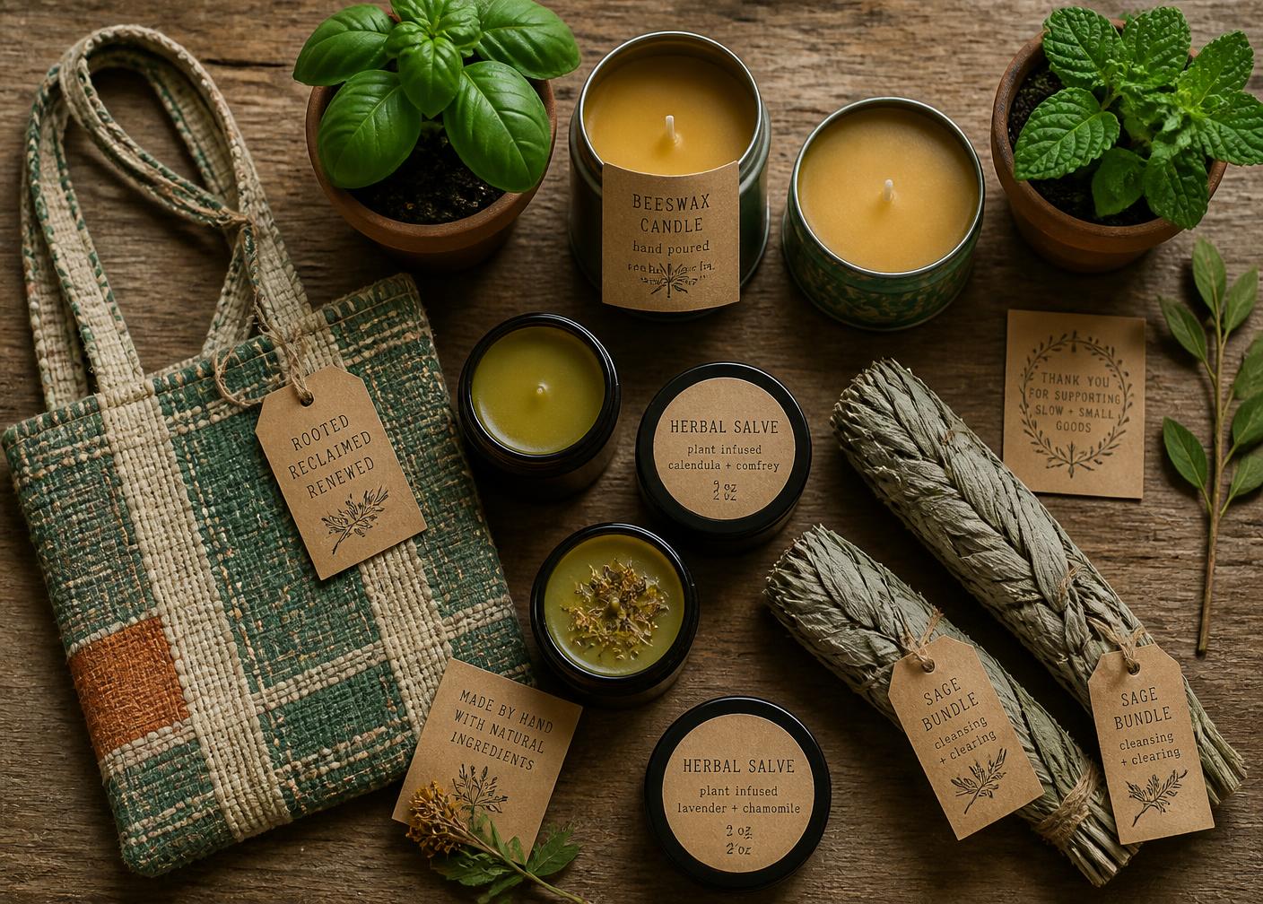 Beeswax candles, herbal salves, sage bundles and potted basil laid out on weathered wood