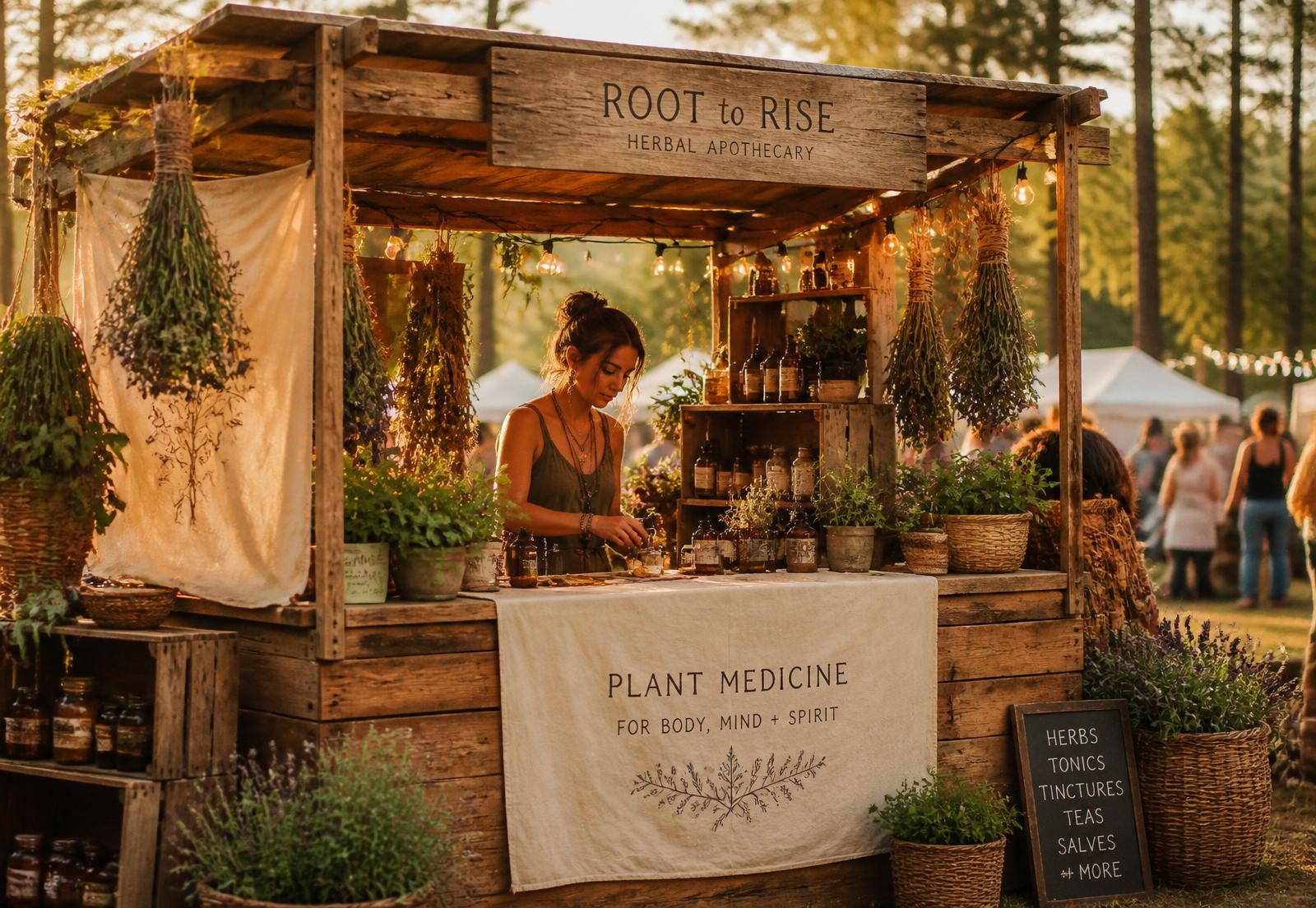 The Banana Stand pop-up booth at a festival at golden hour, hung with drying herbs and lit by string lights